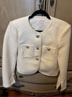 cinq a sept Ivory Bouclé Cropped Jewel-Button Jacket